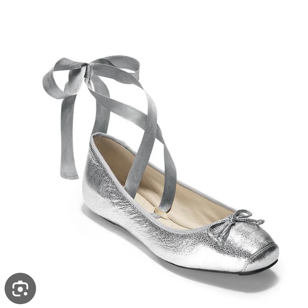 Cole Haan Size 10 Silver Downtown Metallicize Leather Ribbon Ballet Flats